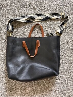 Madewell Black Leather Tote with Tan Handles and Black & Cream Strap